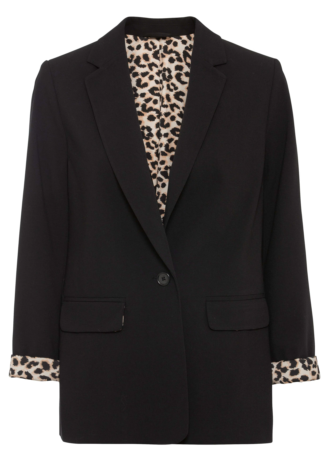 Lange blazer van een soepele viscosemix • zwart met luipaardprint • bonprix online shop