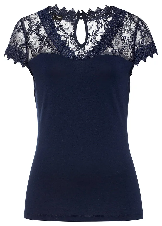 Shirt met kant van viscose • donkerblauw • bonprix online shop