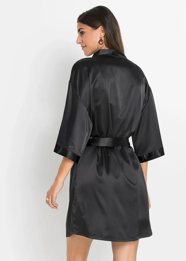 Kimono en slipdress (2-dlg. set), Kleur: zwart