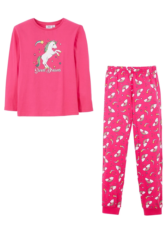 Pijama din bumbac organic 100% (set/2 buc.), culoare: pink închis cu imprimeu
