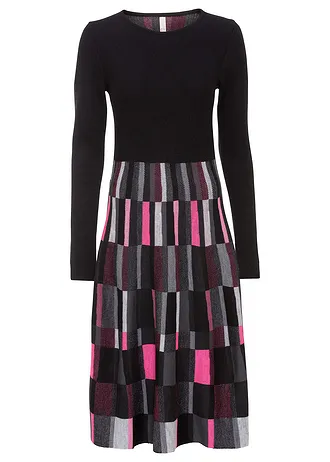 Zvonové pletené šaty ze žakáru • šedo-černo-pink kostka • bonprix obchod