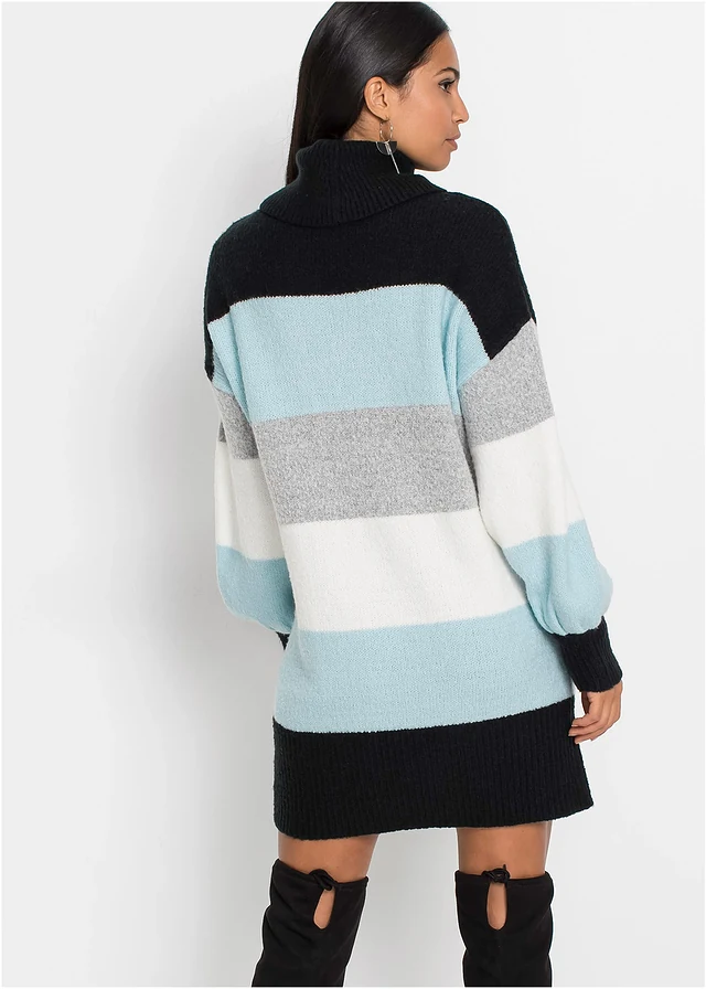 Pull long, Couleur: noir/bleu brume rayé