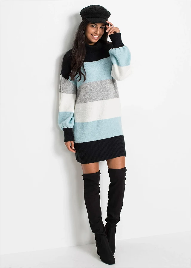 Pull long, Couleur: noir/bleu brume rayé