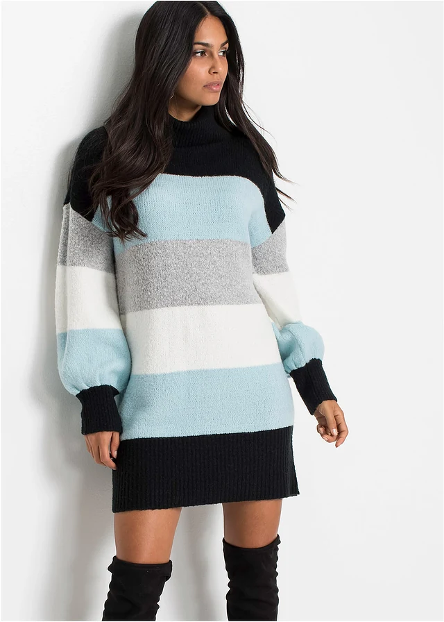 Pull long, Couleur: noir/bleu brume rayé