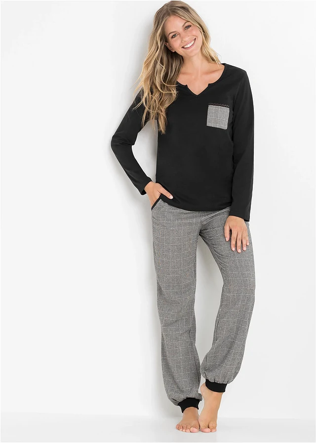 Pyjama avec pantalon en flanelle, Couleur: noir carreaux