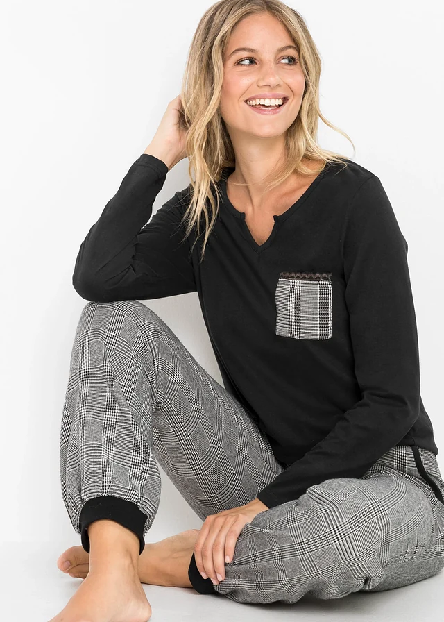 Pyjama avec pantalon en flanelle, Couleur: noir carreaux