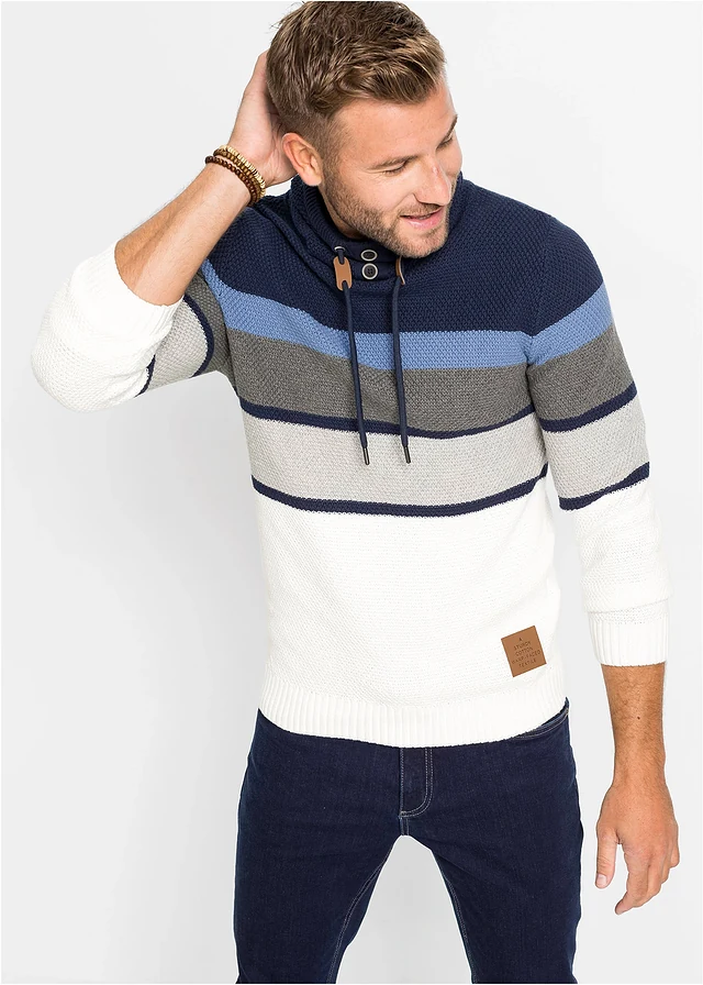 Pull en grosse maille à col tube 100% coton, Couleur: bleu foncé-écru rayé