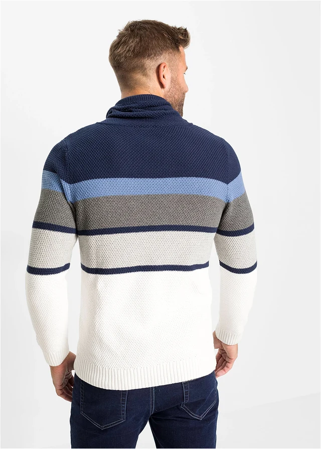 Pull en grosse maille à col tube 100% coton, Couleur: bleu foncé-écru rayé