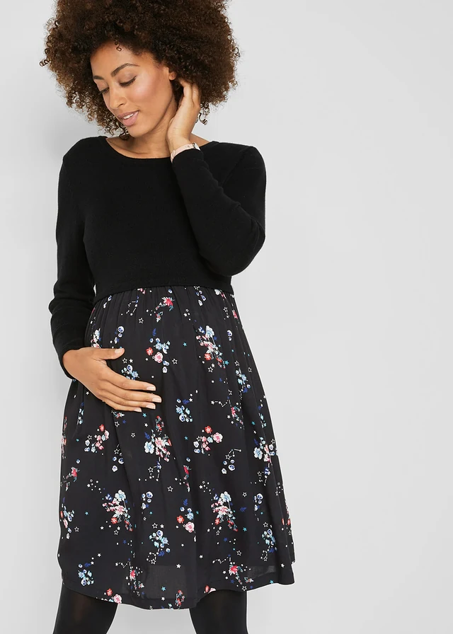 Robe de grossesse en maille et viscose, Couleur: noir à fleurs
