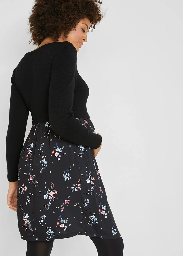 Robe de grossesse en maille et viscose, Couleur: noir à fleurs