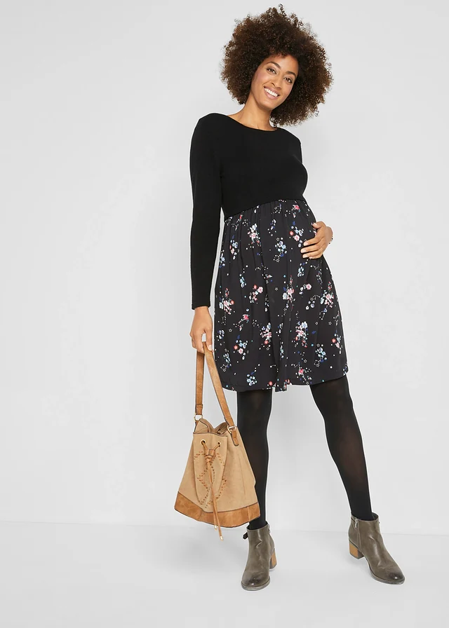 Robe de grossesse en maille et viscose, Couleur: noir à fleurs