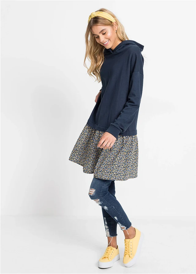 Robe sweat 2en1, Couleur: bleu foncé/jaune