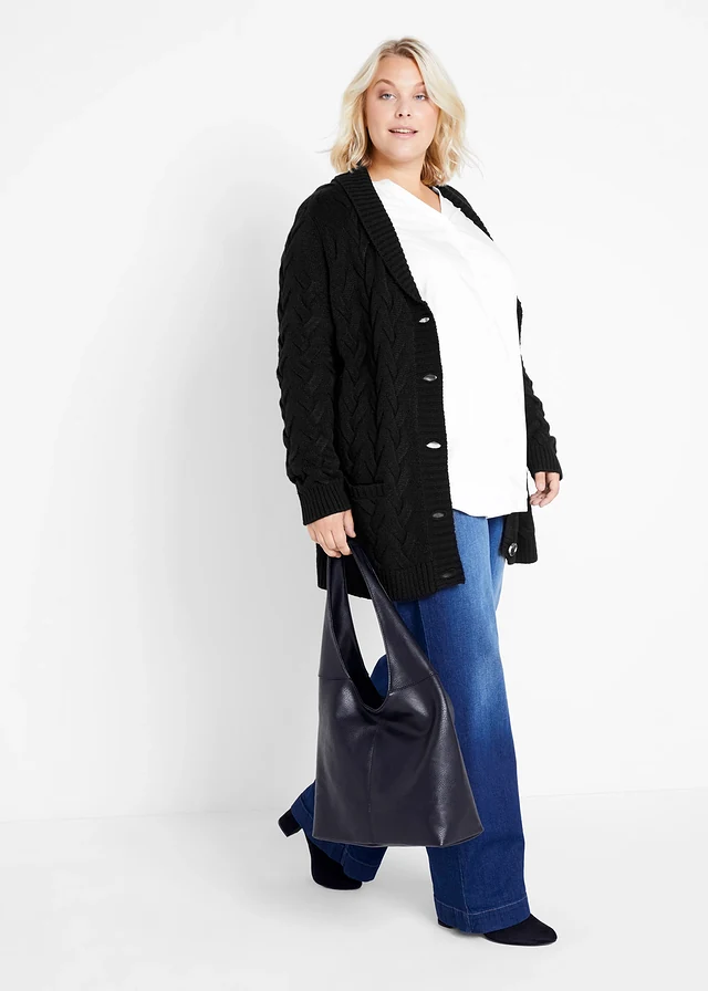 Gilet en maille à col châle et motif torsadé, Couleur: noir