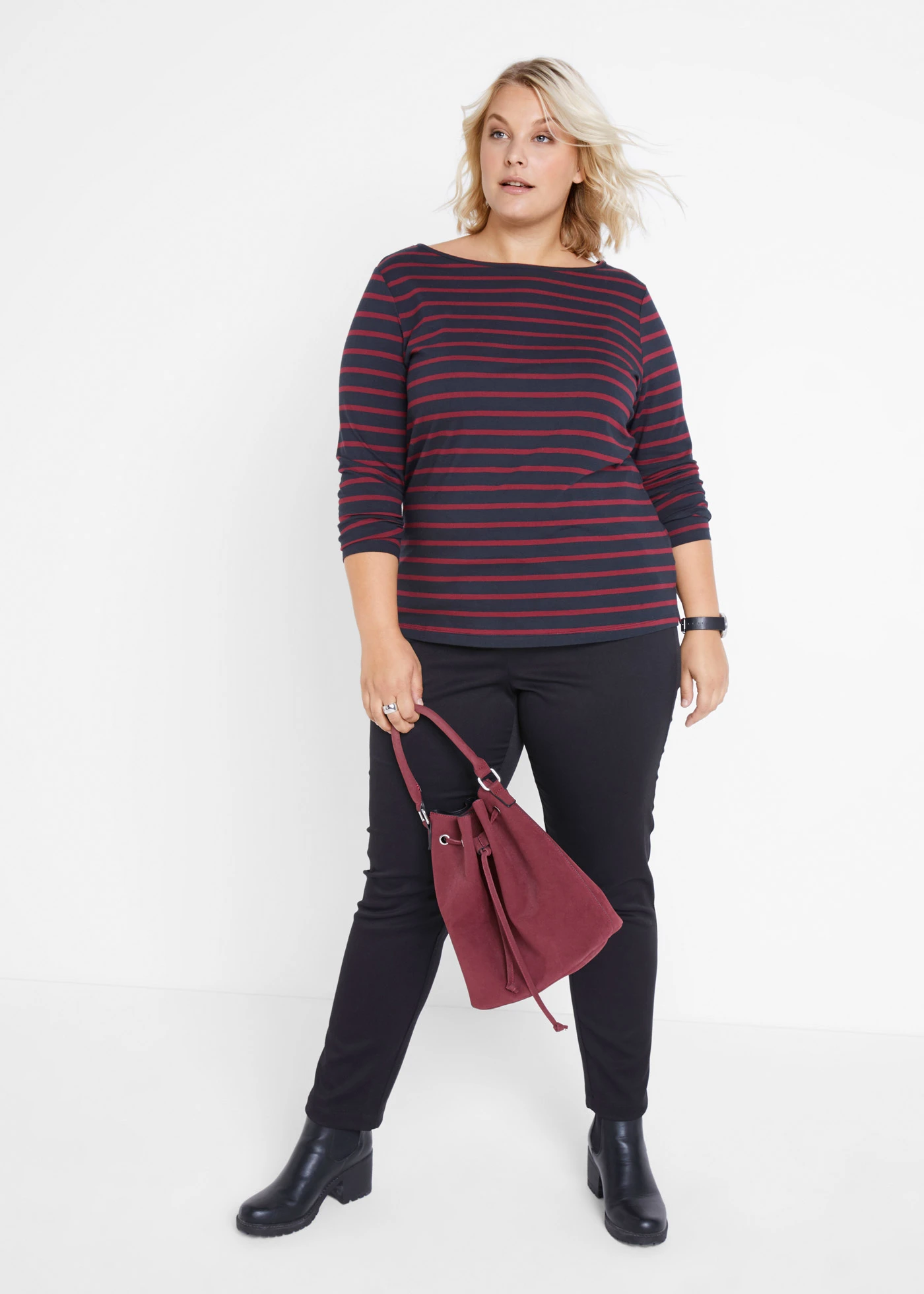 Longsleeve met boothals (set van 2) • zwart+robijnrood-zwart gestreept plus size • bonprix online shop