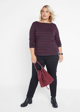 Longsleeve met boothals (set van 2), Kleur: zwart+robijnrood-zwart gestreept