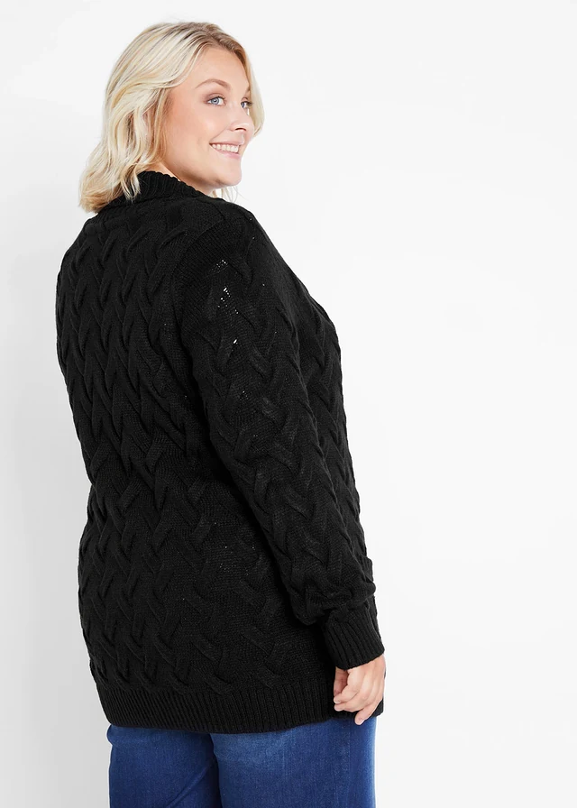 Gilet en maille à col châle et motif torsadé, Couleur: noir
