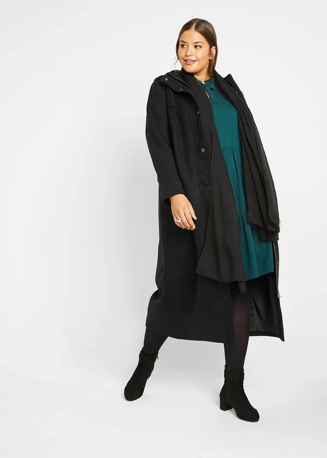 Lange jas in wollen look, maxilengte, Kleur: zwart