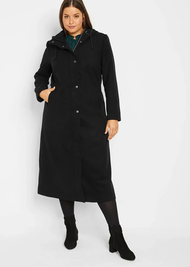 Lange jas in wollen look, maxilengte, Kleur: zwart