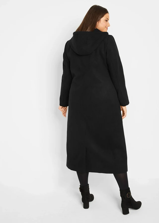 Lange jas in wollen look, maxilengte, Kleur: zwart
