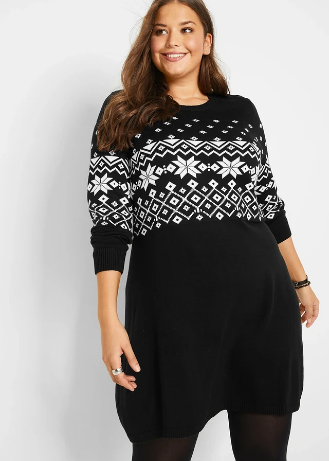 Robe en maille à motif norvégien, Couleur: noir/blanc motif norvégien