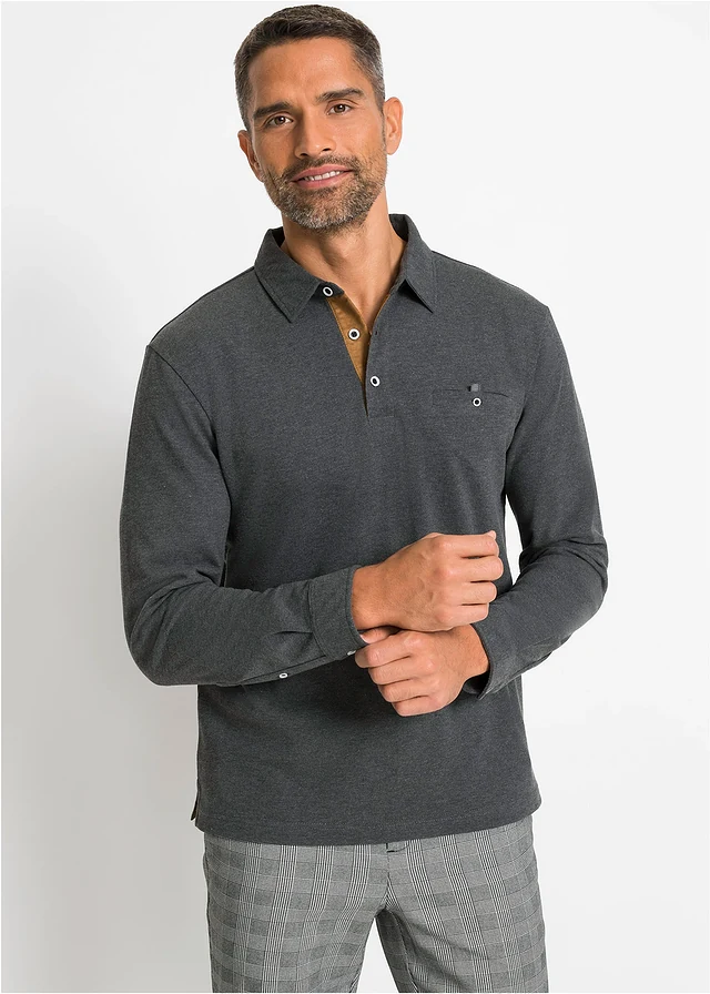Piqué poloshirt met lange mouwen • antraciet gemêleerd • product-page.page-title-suffix