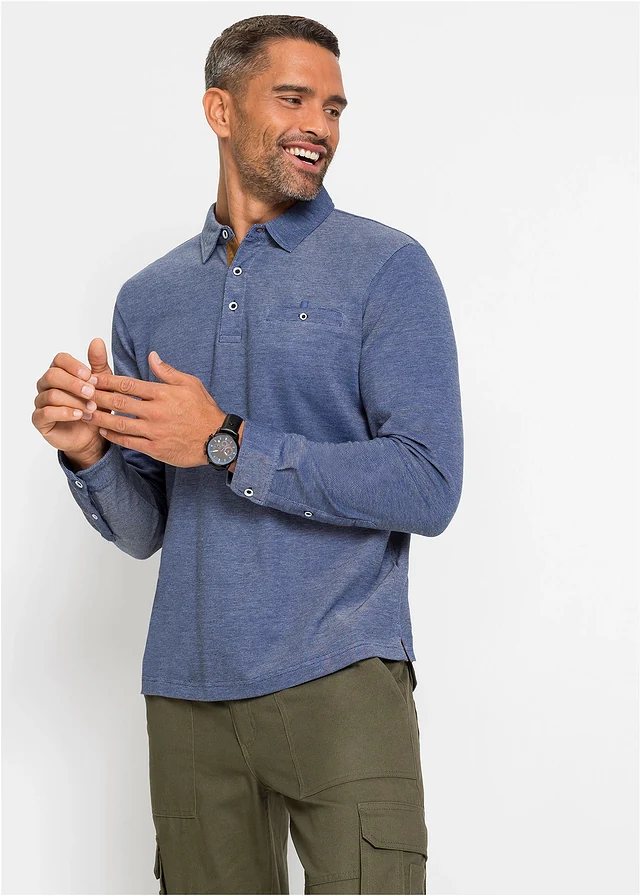 Piqué poloshirt met lange mouwen • blauw gemêleerd • product-page.page-title-suffix