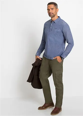 Piqué poloshirt met lange mouwen, Kleur: blauw gemêleerd