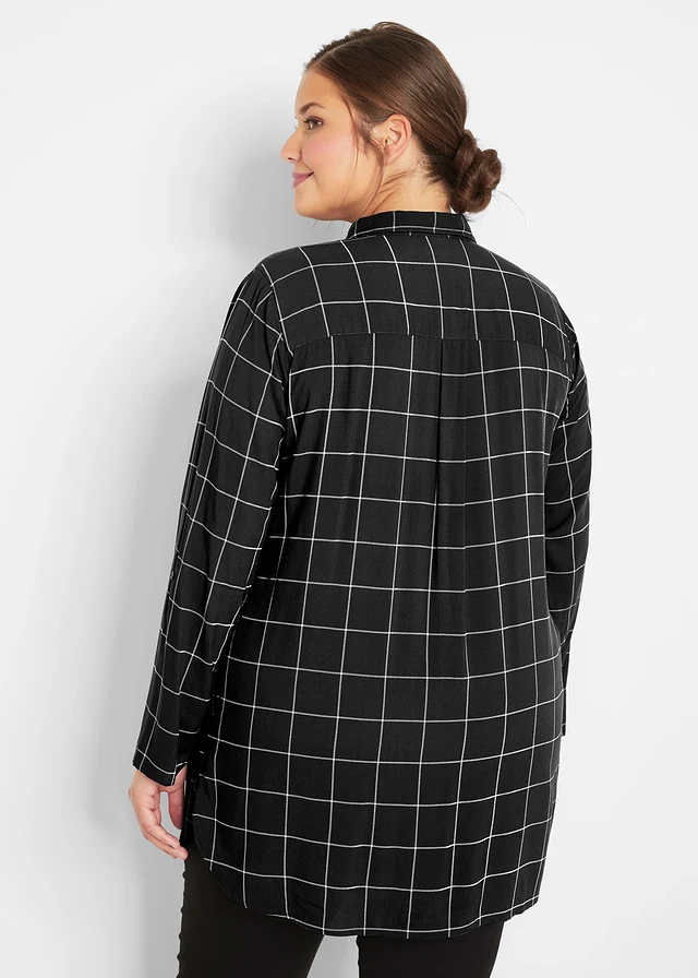 Chemisier long à carreaux, avec poches, Couleur: noir-écru carreaux