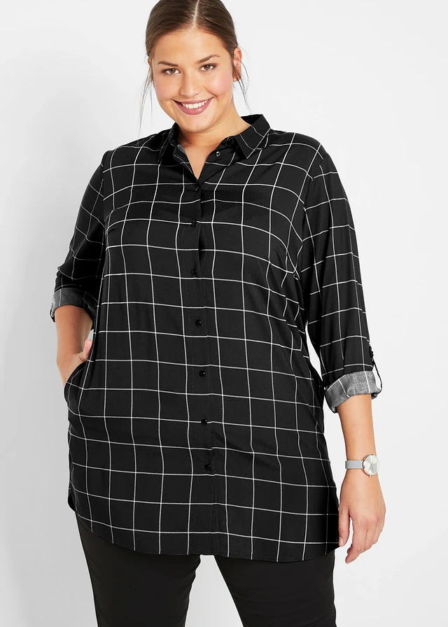 Geruite, lange blouse met zakken, Kleur: zwart-wolwit geruit
