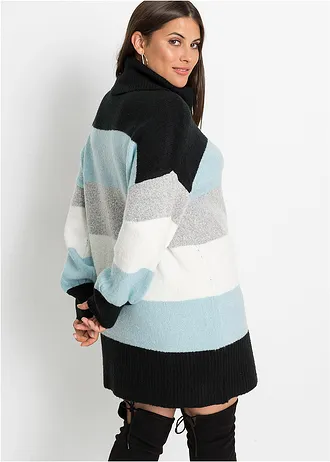 Pull long, Couleur: noir - bleu brume rayé