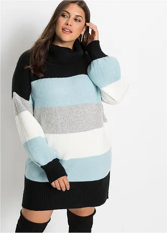 Pull long, Couleur: noir - bleu brume rayé