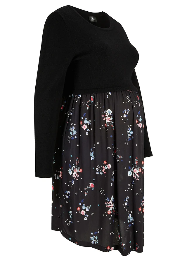 Robe de grossesse en maille et viscose, Couleur: noir à fleurs
