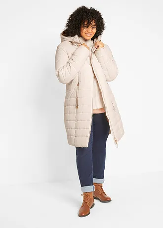 Lange gewatteerde jas, 2-in-1 look, Kleur: natuurbeige