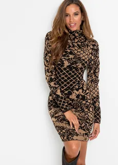 Přiléhavé pletené šaty se stojáčkem • hnědo-černá s potiskem • bonprix obchod