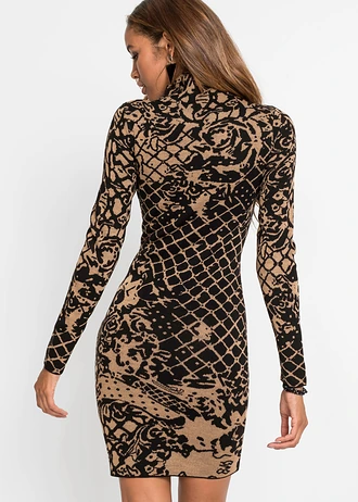 Robe en maille ajustée à col montant • marron-noir imprimé • Boutique bonprix