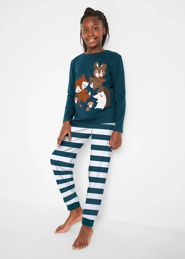 Pijama din bumbac organic 100% (set/2 buc.), culoare: ecru-turcoaz marin