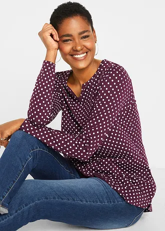 Gestippelde longsleeve met zijsplitten • vlierbes-wit gestippeld • bonprix online shop