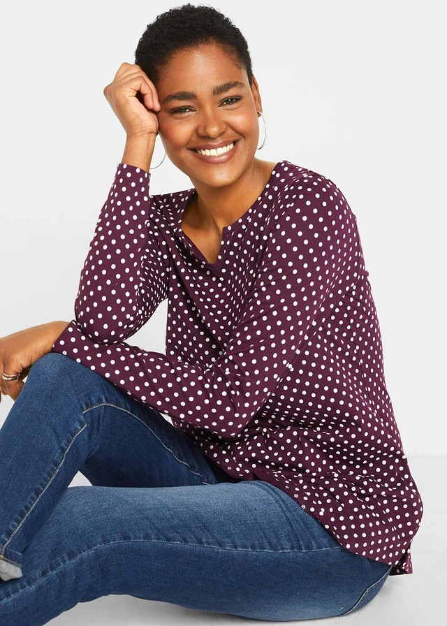 Gestippelde longsleeve met zijsplitten, Kleur: vlierbes-wit gestippeld