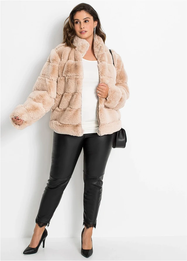 Imitatie bontjas met ritssluiting, Kleur: rozebeige