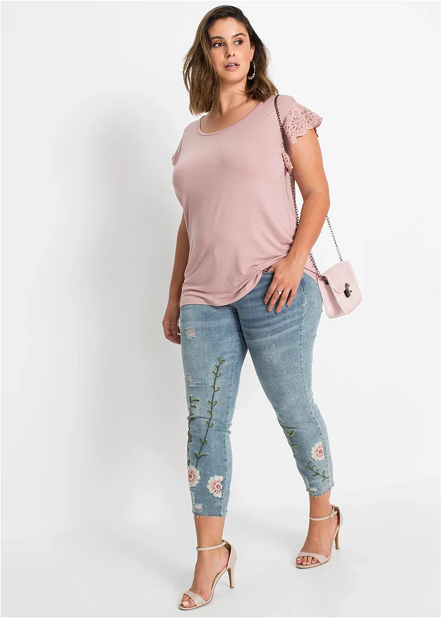 Jean skinny taille basse, cropped, Couleur: bleu clair denim floral