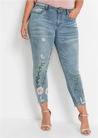 Skinny džíny Low Waist, zkrácené, barva: světle modrý denim s květy