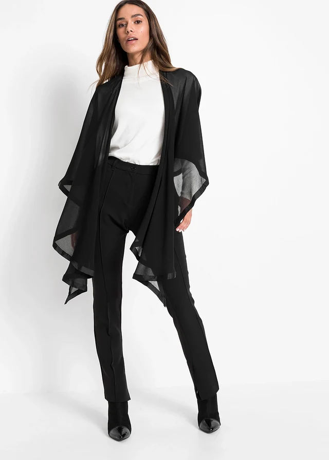 Poncho sjaal met fijne satijndetail, Kleur: zwart