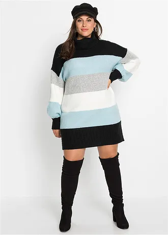 Pull long, Couleur: noir - bleu brume rayé