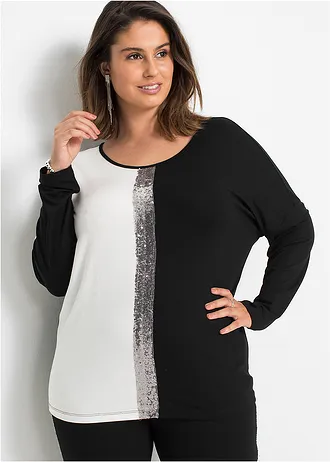 T-shirt à sequins, Couleur: noir/blanc cassé/argenté