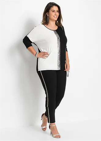 T-shirt à sequins, Couleur: noir/blanc cassé/argenté