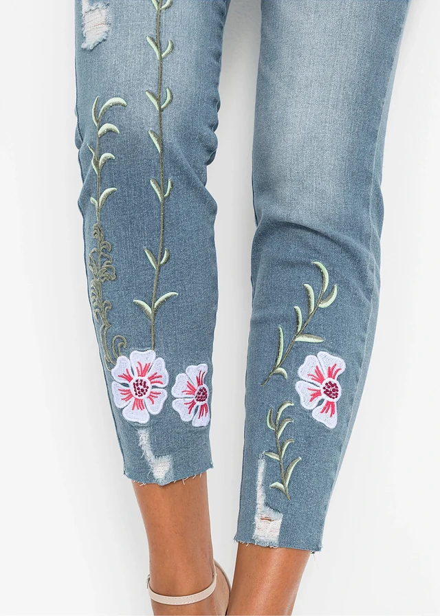 Skinny jeans low waist, cropped • lichtblauw denim gebloemd • product-page.page-title-suffix