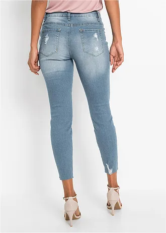 Skinny džíny Mid Waist, streč • světle modrý denim s květy • bonprix obchod