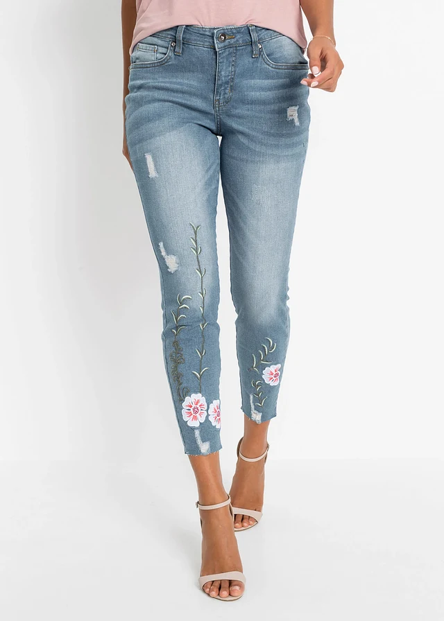 Jean skinny taille basse, cropped, Couleur: bleu clair denim floral