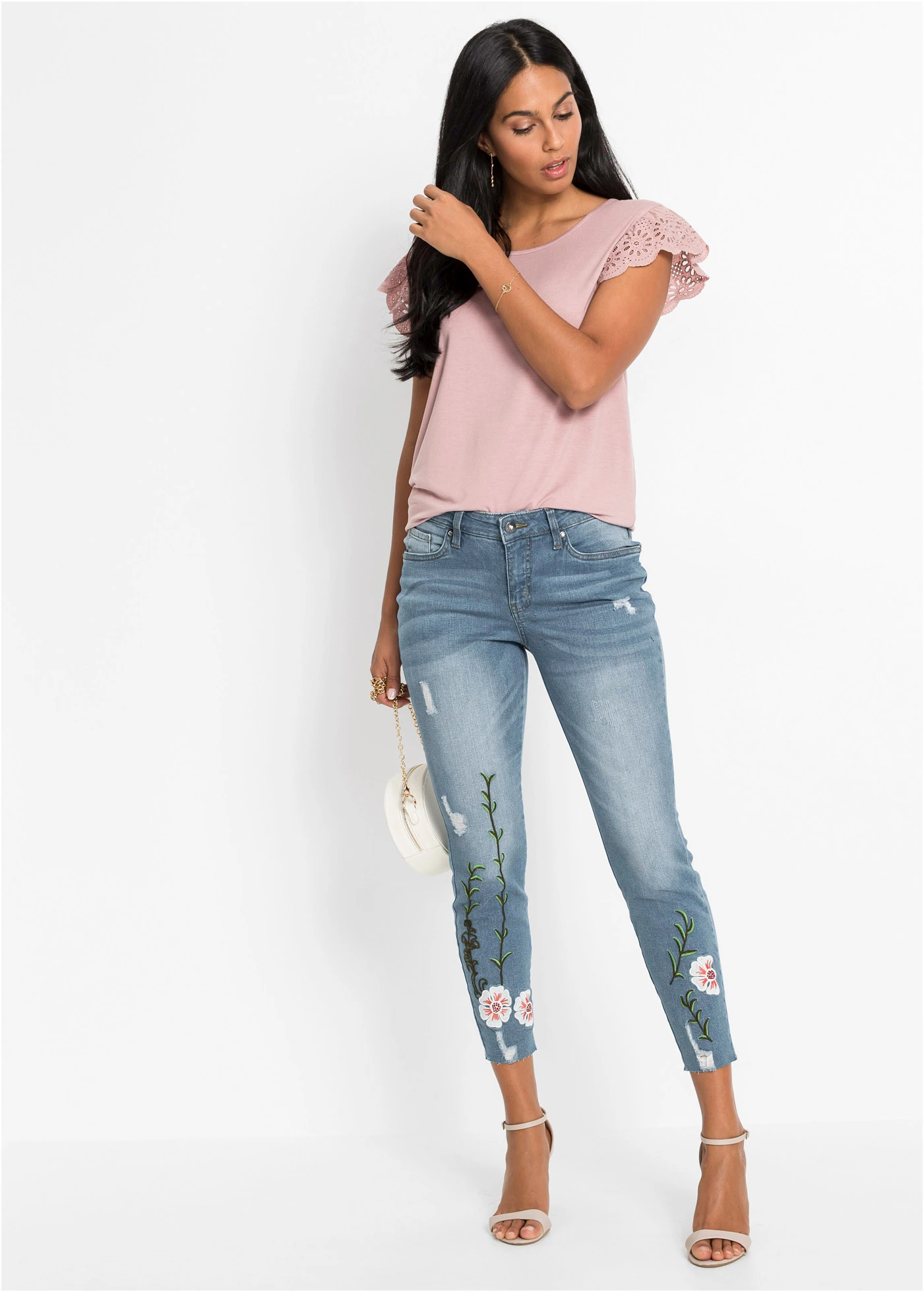 Skinny jeans mid waist, stretch • lichtblauw denim gebloemd • bonprix online shop
