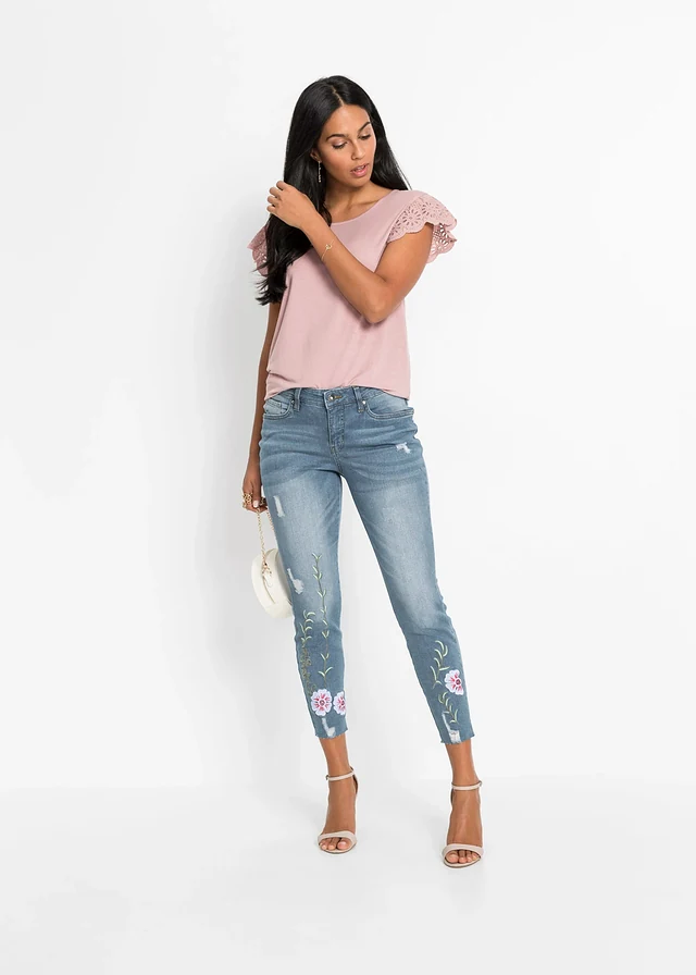 Skinny jeans low waist, cropped, Kleur: lichtblauw denim gebloemd